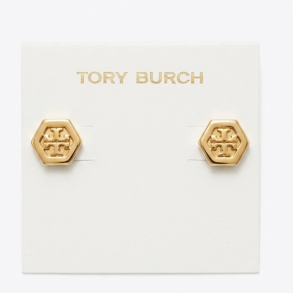 NWT Tory Burch Gold Hex-Logo Stud Earrings